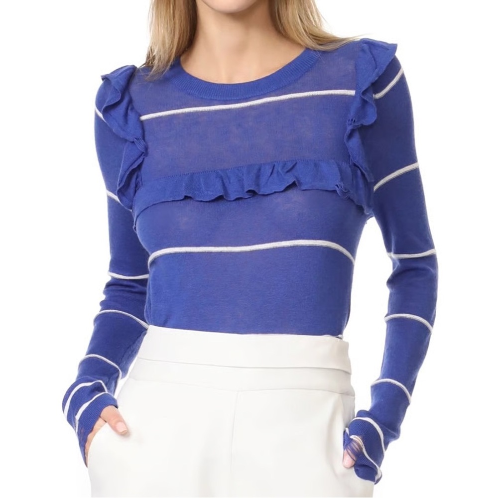 NWT Wildfox Distressed Ruffe Blue Stripe Crewneck Sweater Small